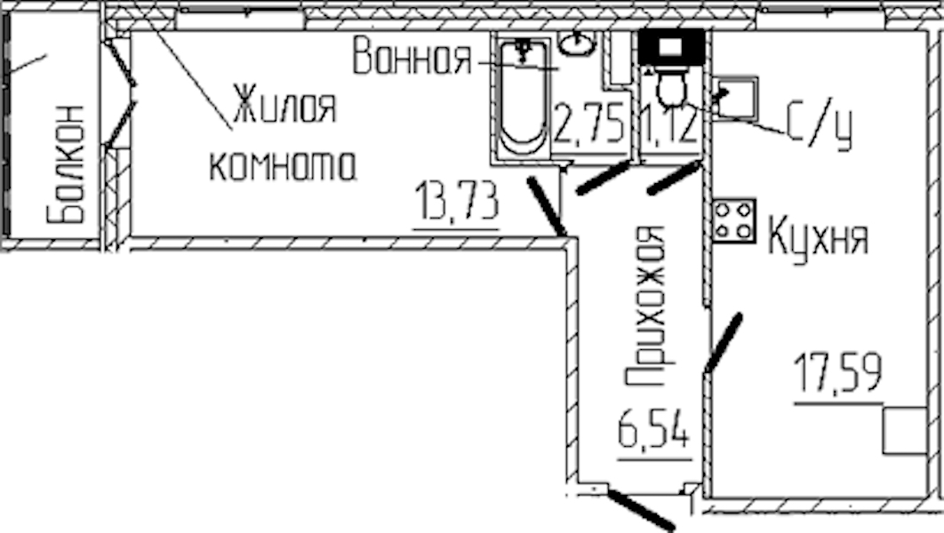 1-комнатная квартира 42.63 м², 5/6 эт., ЖК «SERTOLOVO PARK»